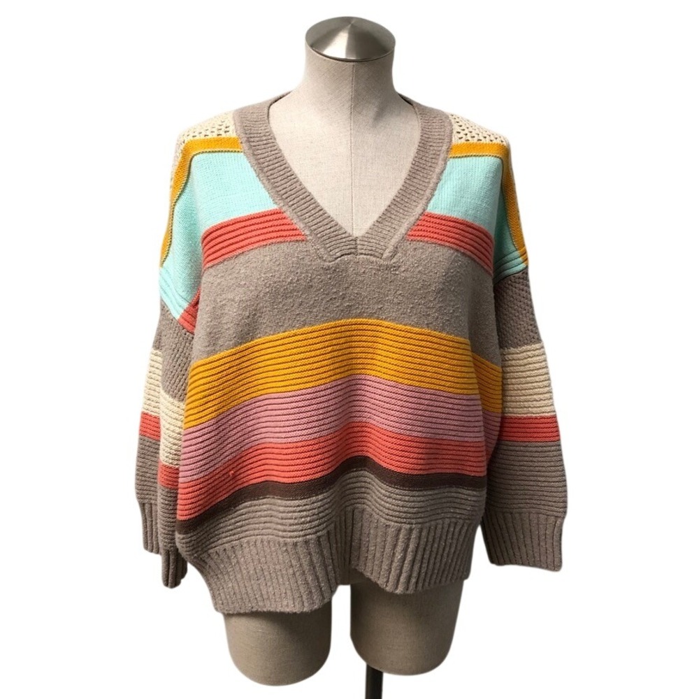 Daily Practice V-Neck Sweater Womens Small Multicolor Striped Knit Oversize